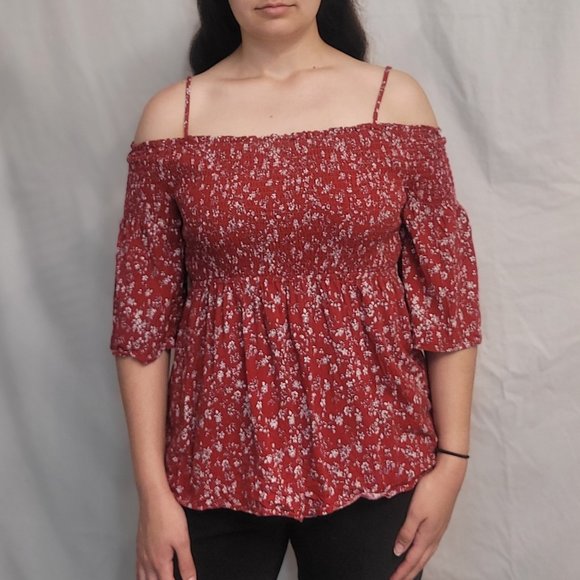 Rue 21 Women's Large Off-Shoulder Red Floral Stretchy Boho Blouse - Picture 2 of 6